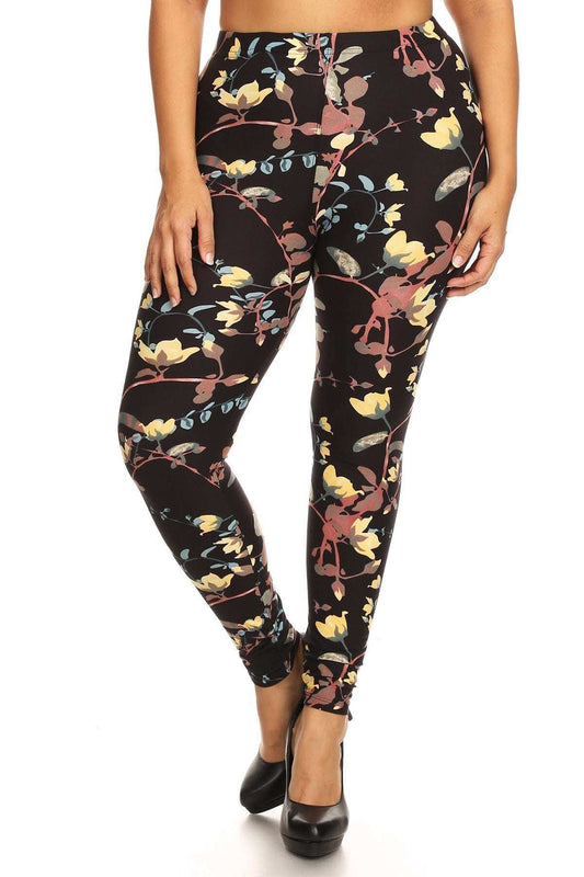 Plus Size Floral Print, Full Length Leggings In A Slim Fitting Style With A Banded High Waist - The Diva Goddess