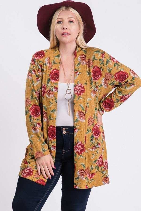 Plus Size Flower Print Pocket Flower Print Hacci Cardigan - The Diva Goddess