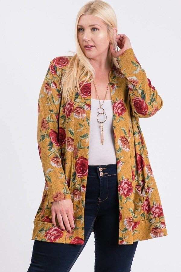 Plus Size Flower Print Pocket Flower Print Hacci Cardigan - The Diva Goddess