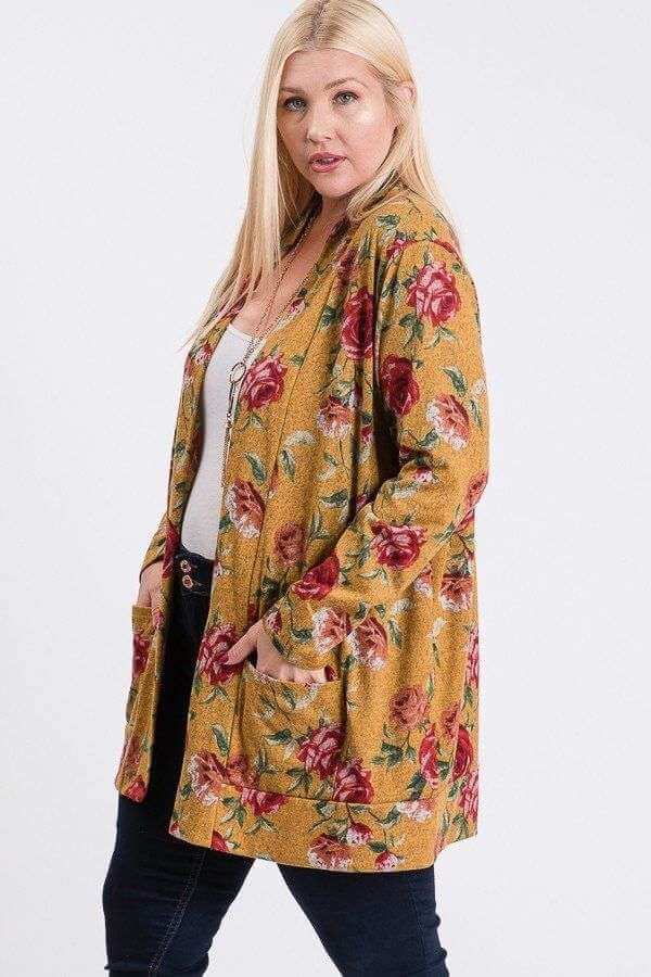 Plus Size Flower Print Pocket Flower Print Hacci Cardigan - The Diva Goddess