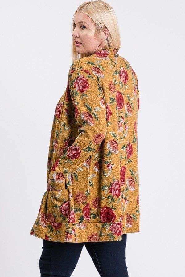 Plus Size Flower Print Pocket Flower Print Hacci Cardigan - The Diva Goddess