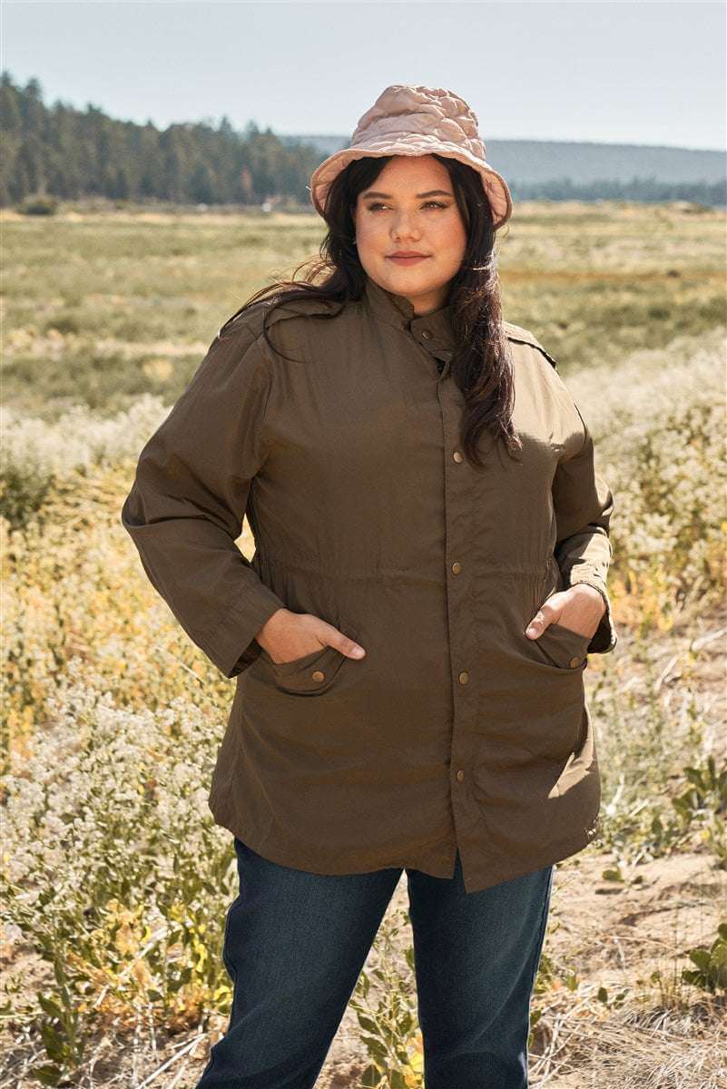 Plus Size Glossy Drawstring Hem Button-down Coach Jacket - The Diva Goddess