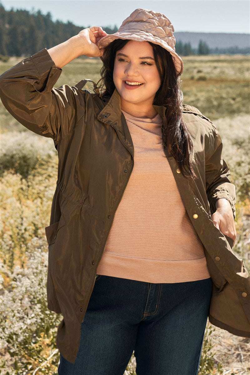 Plus Size Glossy Drawstring Hem Button-down Coach Jacket - The Diva Goddess