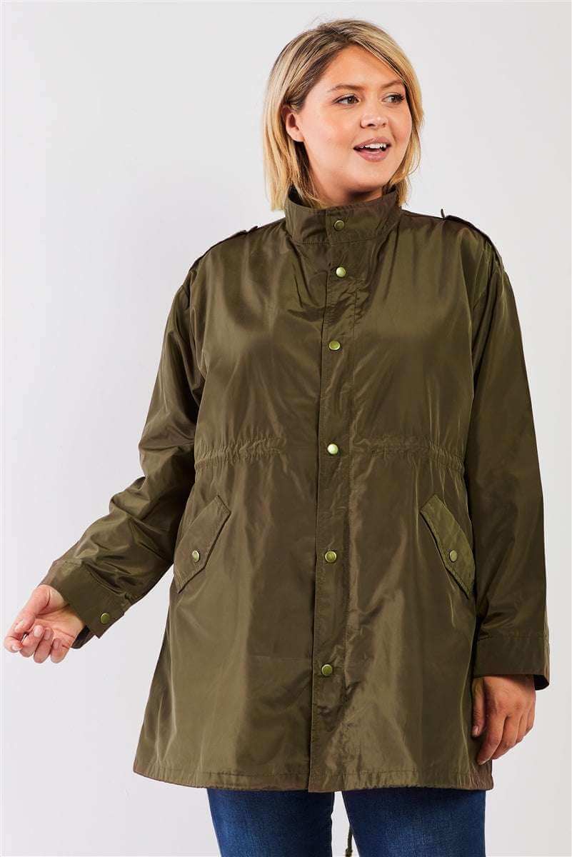 Plus Size Glossy Drawstring Hem Button-down Coach Jacket - The Diva Goddess