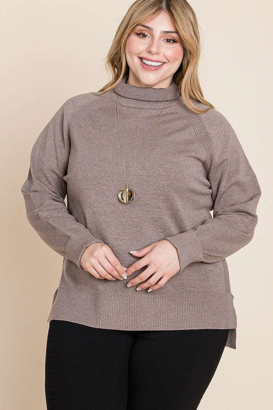 Plus Size High Quality Buttery Soft Solid Knit Turtleneck Two Tone High Low Hem Sweater - The Diva Goddess