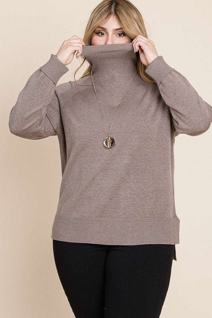 Plus Size High Quality Buttery Soft Solid Knit Turtleneck Two Tone High Low Hem Sweater - The Diva Goddess