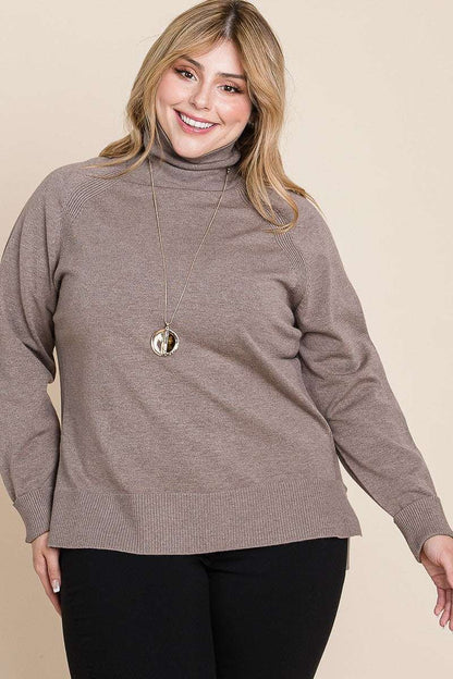 Plus Size High Quality Buttery Soft Solid Knit Turtleneck Two Tone High Low Hem Sweater - The Diva Goddess