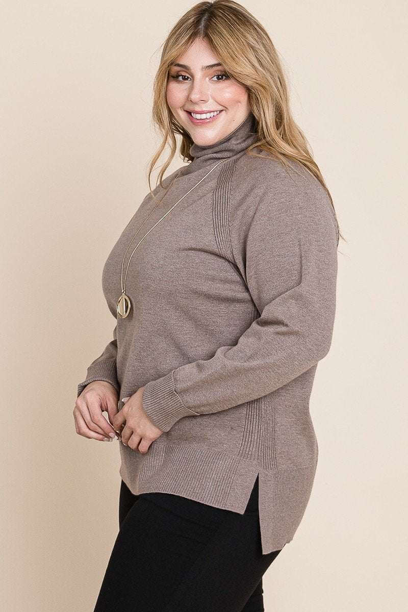 Plus Size High Quality Buttery Soft Solid Knit Turtleneck Two Tone High Low Hem Sweater - The Diva Goddess