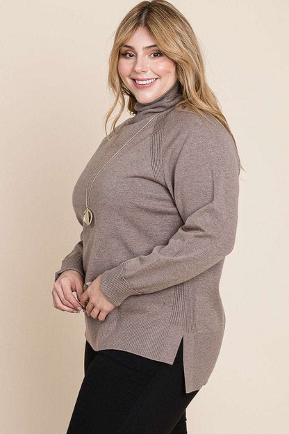 Plus Size High Quality Buttery Soft Solid Knit Turtleneck Two Tone High Low Hem Sweater - The Diva Goddess