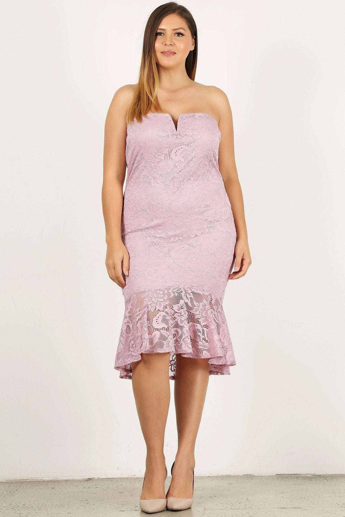 Plus Size Lace, Strapless Bodycon Midi Dress - The Diva Goddess