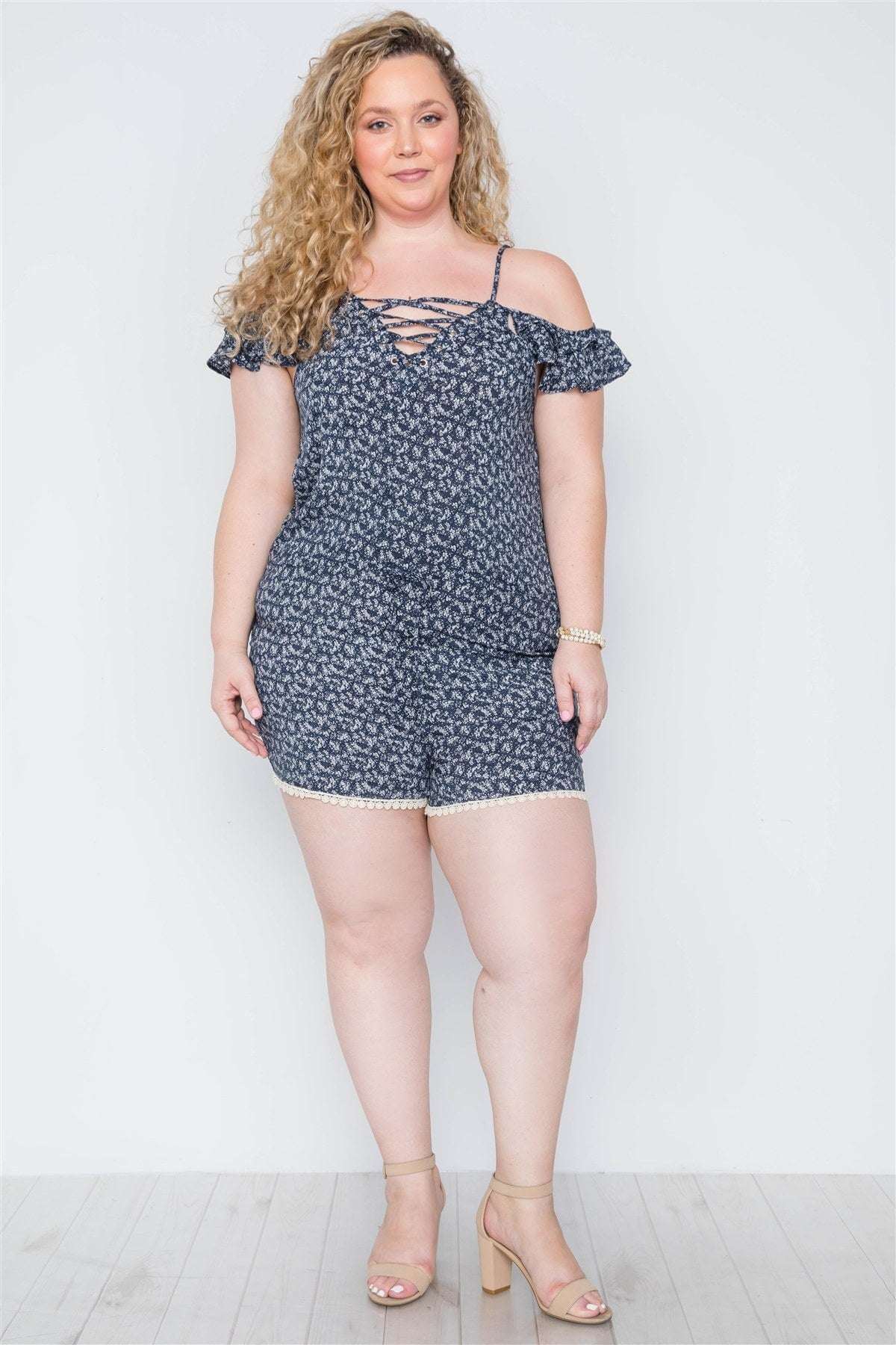 Plus Size Navy Floral Print Lace Up Romper - The Diva Goddess