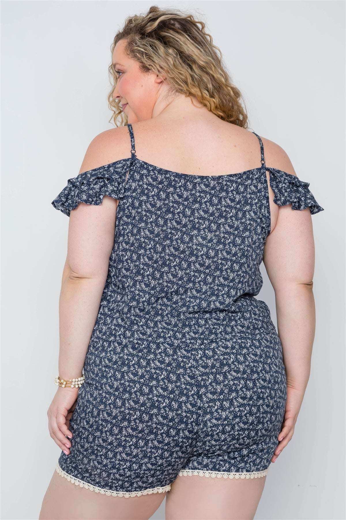 Plus Size Navy Floral Print Lace Up Romper - The Diva Goddess