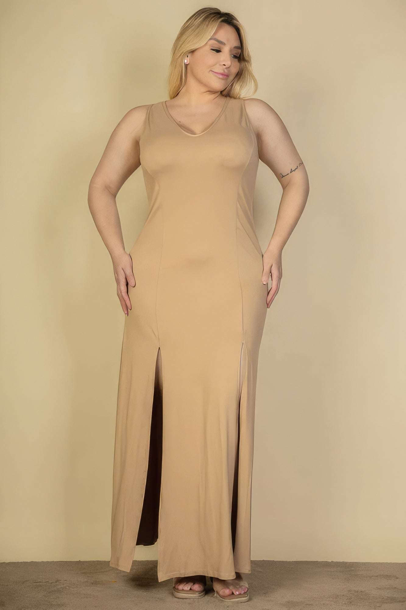 Plus Size Plunge Neck Thigh Split Maxi Dress - The Diva Goddess