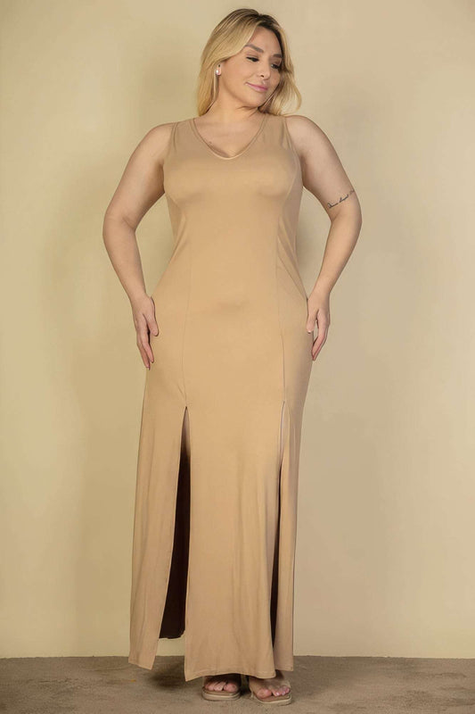 Plus Size Plunge Neck Thigh Split Maxi Dress - The Diva Goddess