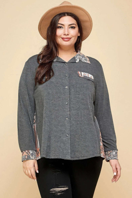 Plus Size Printed Patchwork Contrast Button Up Shirt - The Diva Goddess