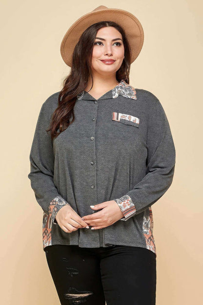 Plus Size Printed Patchwork Contrast Button Up Shirt - The Diva Goddess