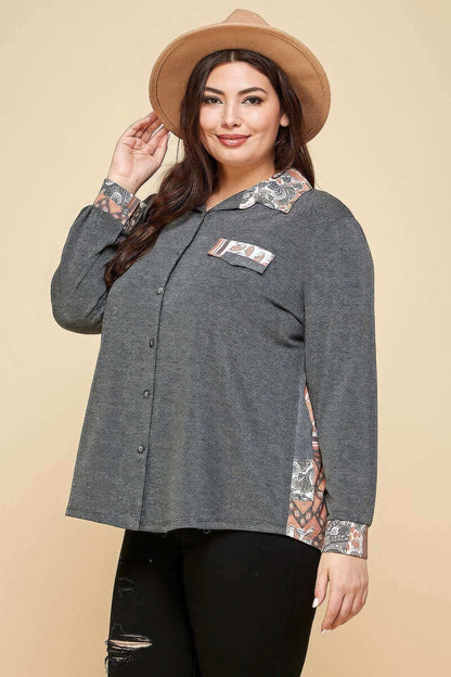 Plus Size Printed Patchwork Contrast Button Up Shirt - The Diva Goddess