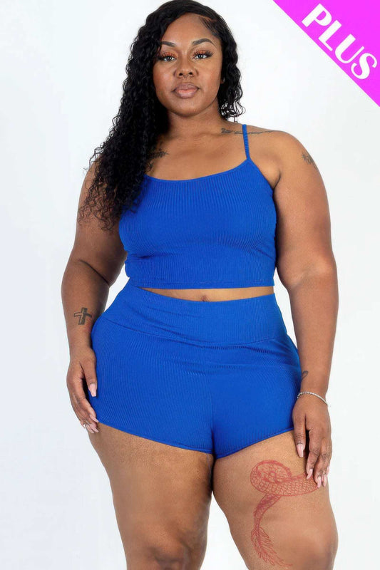 Plus Size Ribbed Cami Crop Top & Ruched Shorts Set - The Diva Goddess