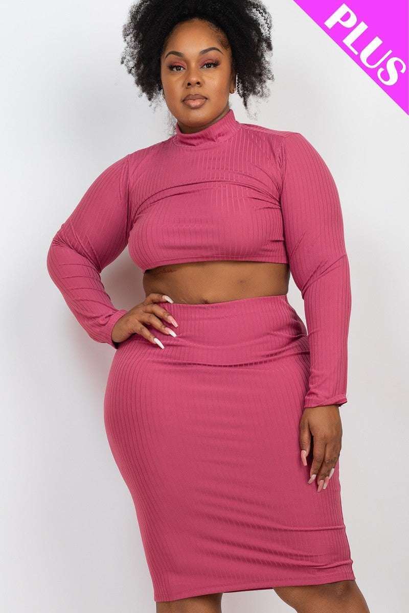 Plus Size Ribbed Mock Neck Crop Top & Midi Skirt Set - The Diva Goddess