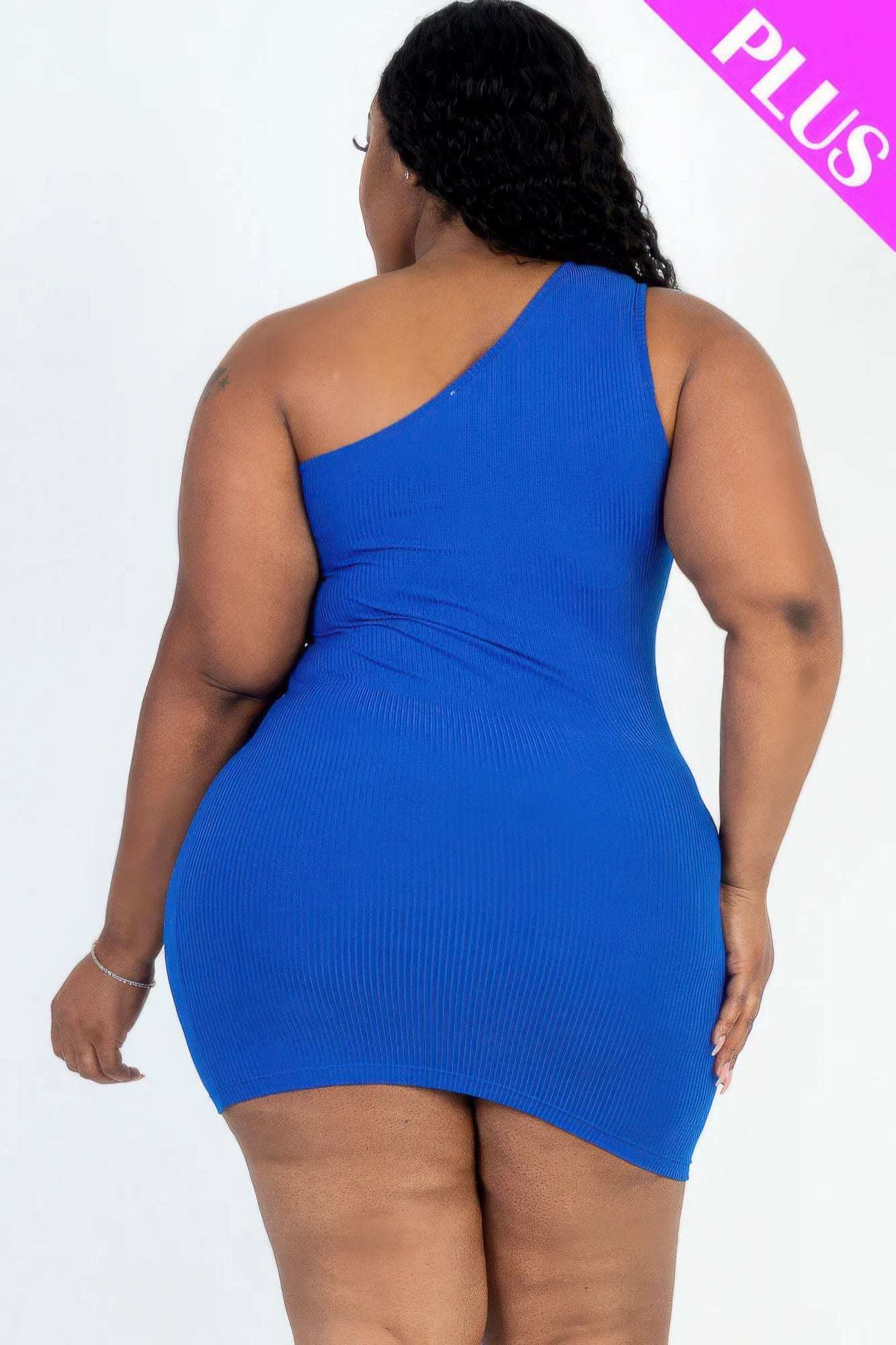 Plus Size Ribbed One Shoulder Cutout Front Casual Mini Bodycon Dress - The Diva Goddess