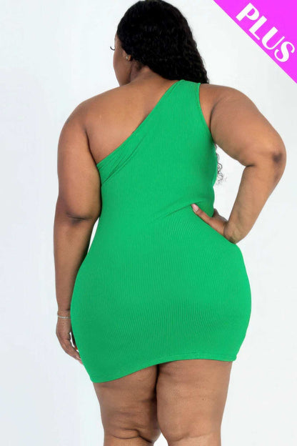 Plus Size Ribbed One Shoulder Cutout Front Casual Mini Bodycon Dress - The Diva Goddess