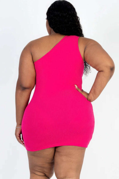 Plus Size Ribbed One Shoulder Cutout Front Casual Mini Bodycon Dress - The Diva Goddess