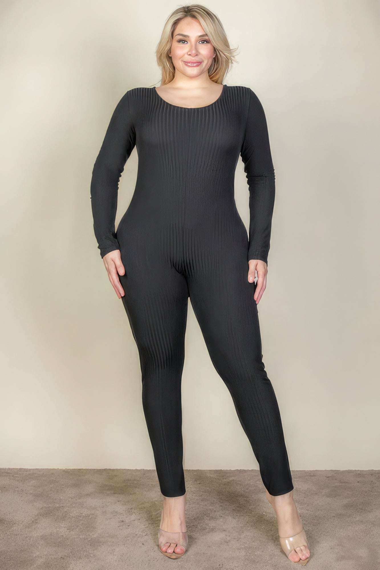 Plus Size Ribbed Scoop Neck Long Sleeve Jumpsuit - The Diva Goddess