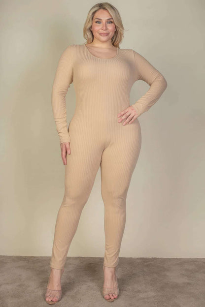 Plus Size Ribbed Scoop Neck Long Sleeve Jumpsuit - The Diva Goddess