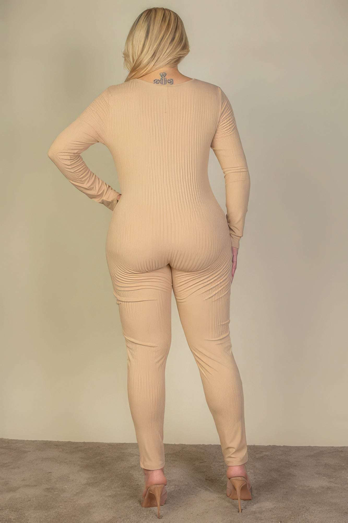 Plus Size Ribbed Scoop Neck Long Sleeve Jumpsuit - The Diva Goddess