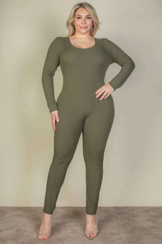 Plus Size Ribbed Scoop Neck Long Sleeve Jumpsuit - The Diva Goddess