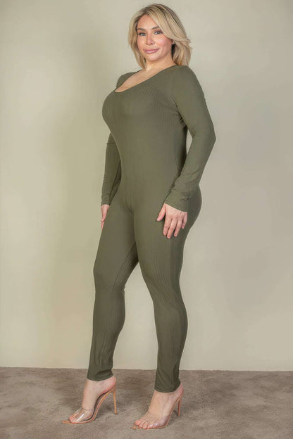 Plus Size Ribbed Scoop Neck Long Sleeve Jumpsuit - The Diva Goddess