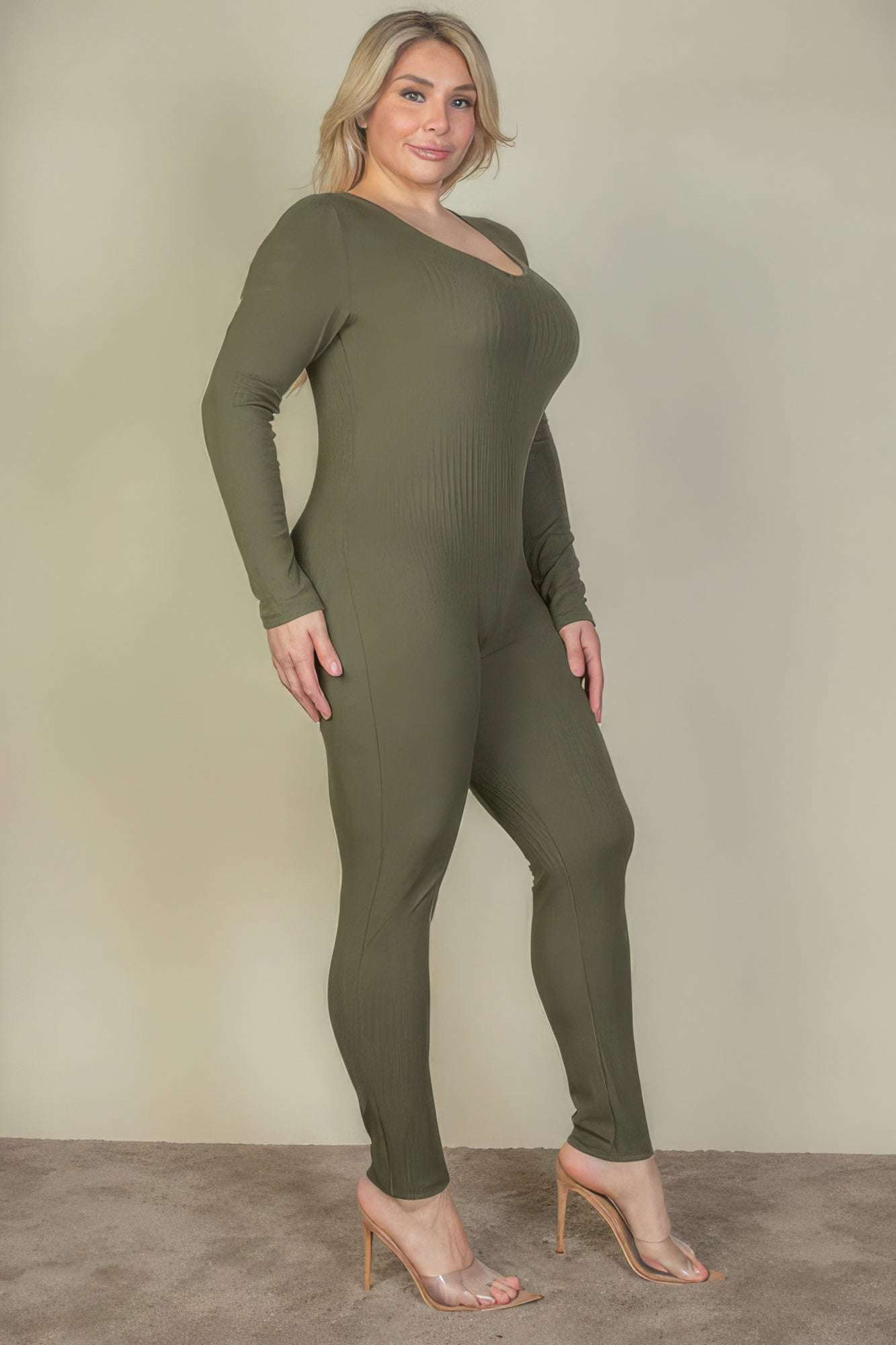 Plus Size Ribbed Scoop Neck Long Sleeve Jumpsuit - The Diva Goddess