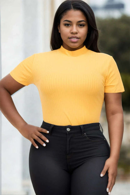 Plus Size Ribbed Short Sleeve Bodysuit - The Diva Goddess