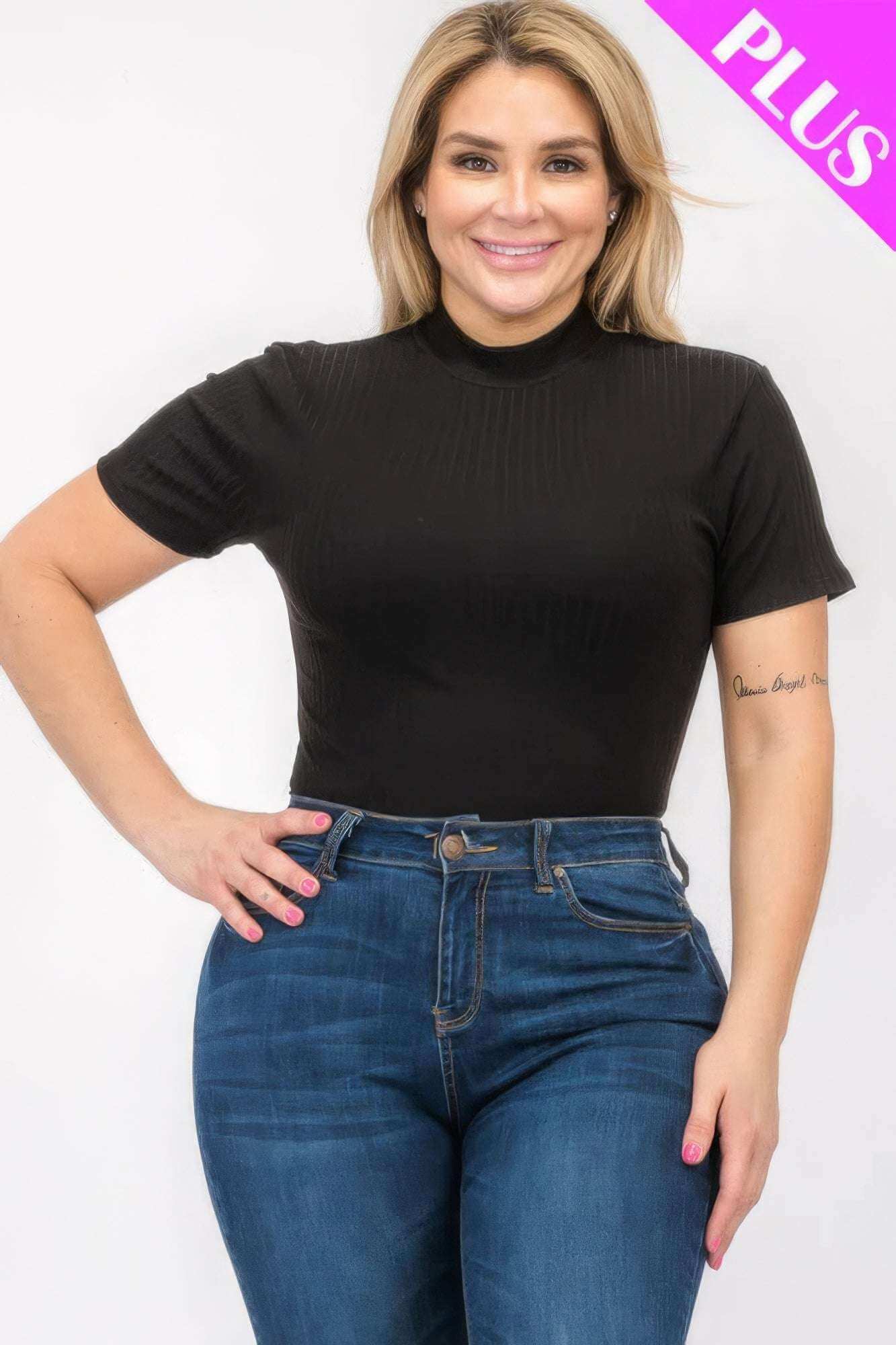 Plus Size Ribbed Short Sleeve Bodysuit - The Diva Goddess