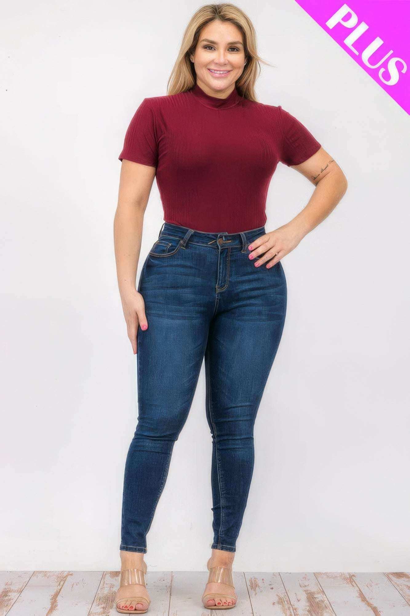 Plus Size Ribbed Short Sleeve Bodysuit - The Diva Goddess