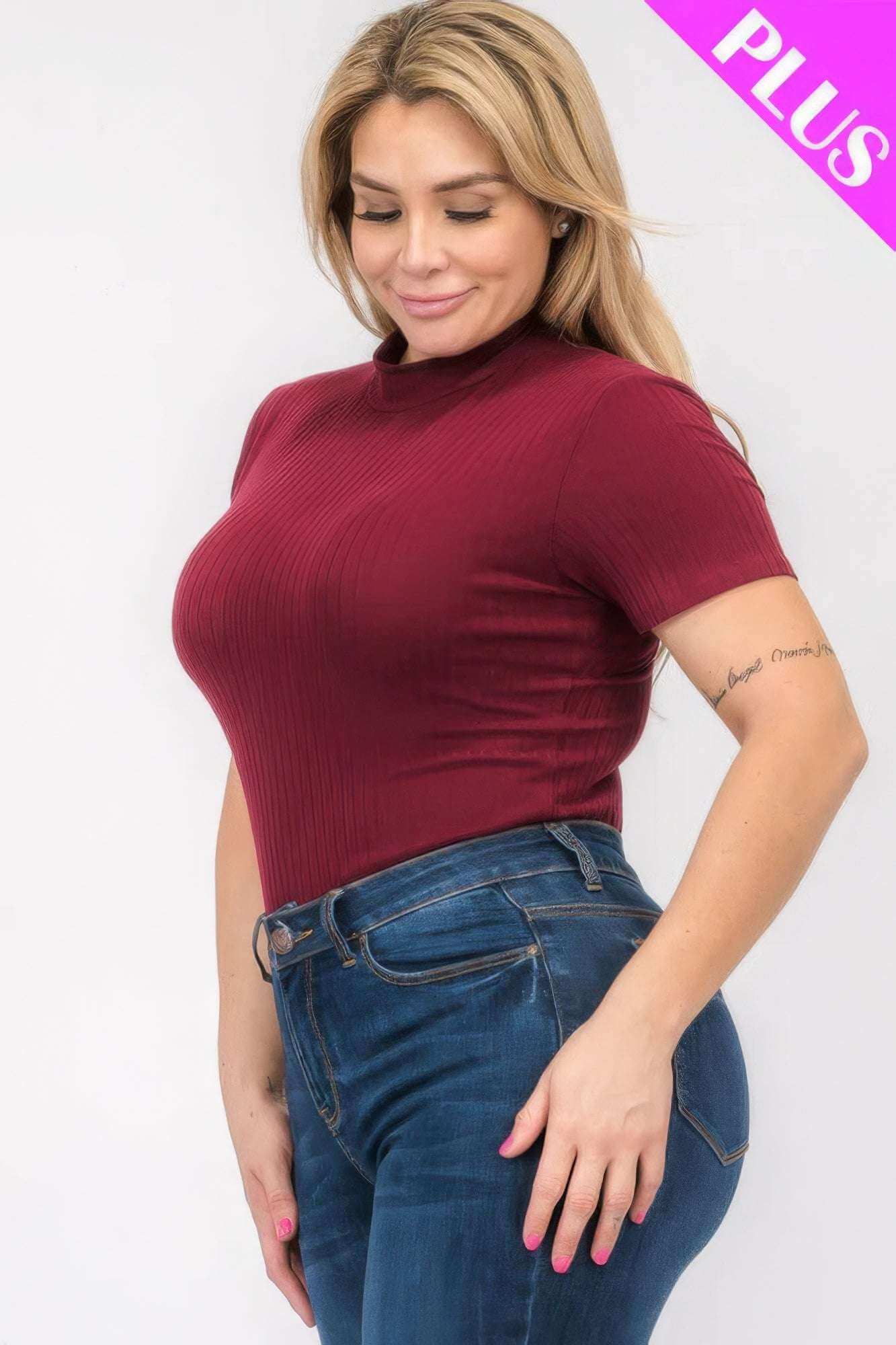 Plus Size Ribbed Short Sleeve Bodysuit - The Diva Goddess