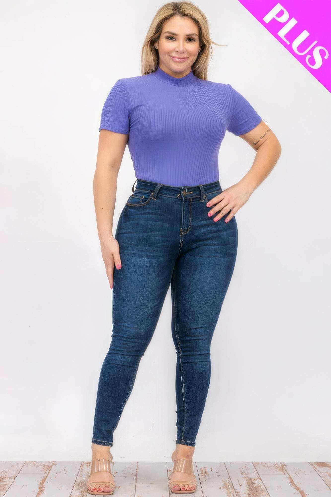 Plus Size Ribbed Short Sleeve Bodysuit - The Diva Goddess