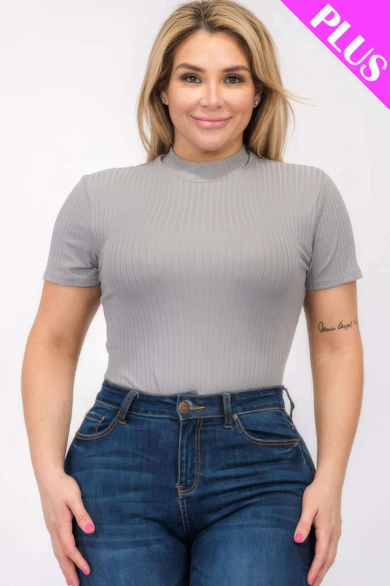 Plus Size Ribbed Short Sleeve Bodysuit - The Diva Goddess