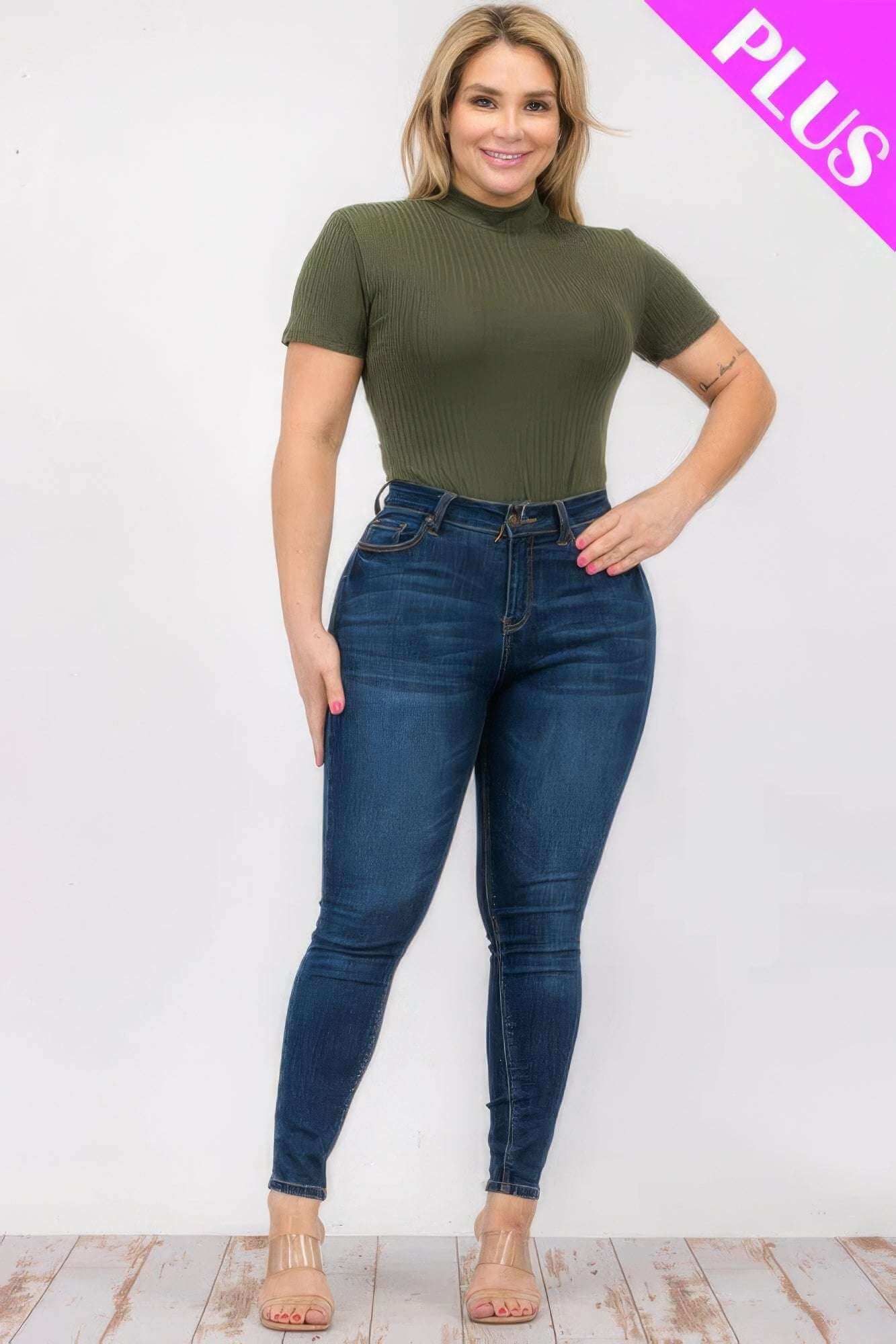 Plus Size Ribbed Short Sleeve Bodysuit - The Diva Goddess