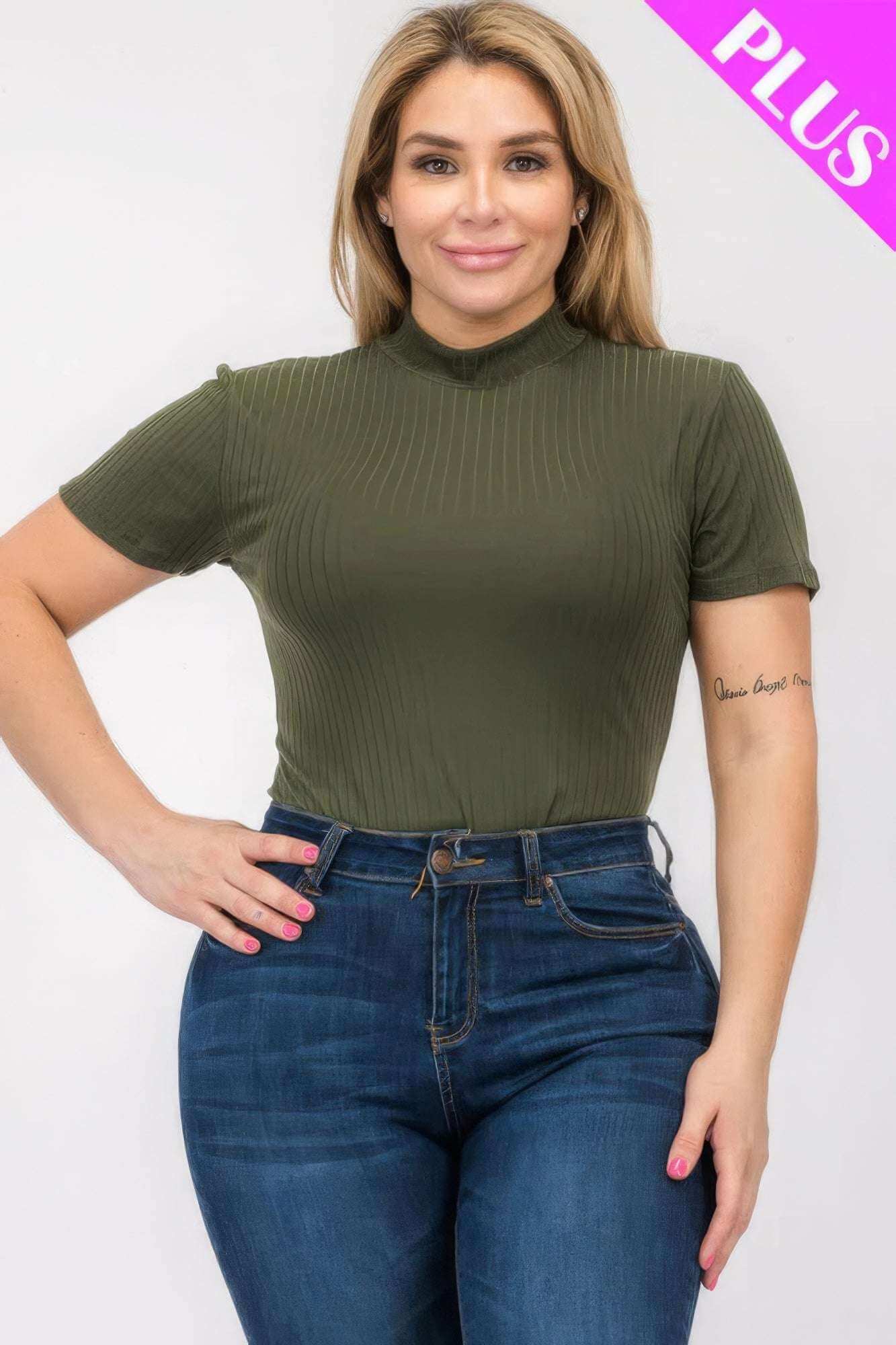 Plus Size Ribbed Short Sleeve Bodysuit - The Diva Goddess