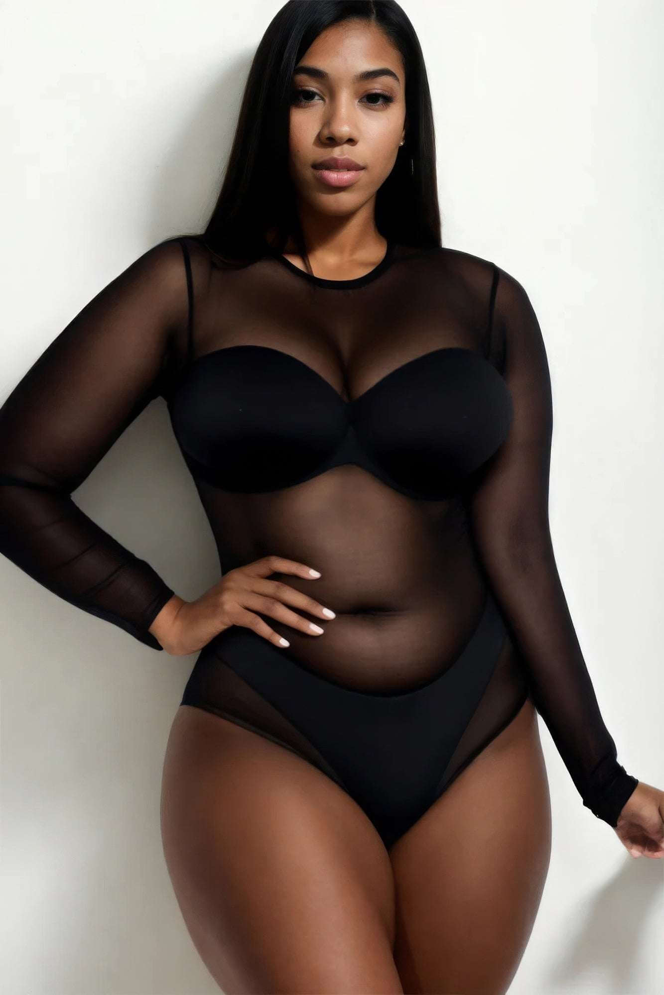 Plus Size Sexy Sheer Mesh Long Sleeve Bodysuit - The Diva Goddess