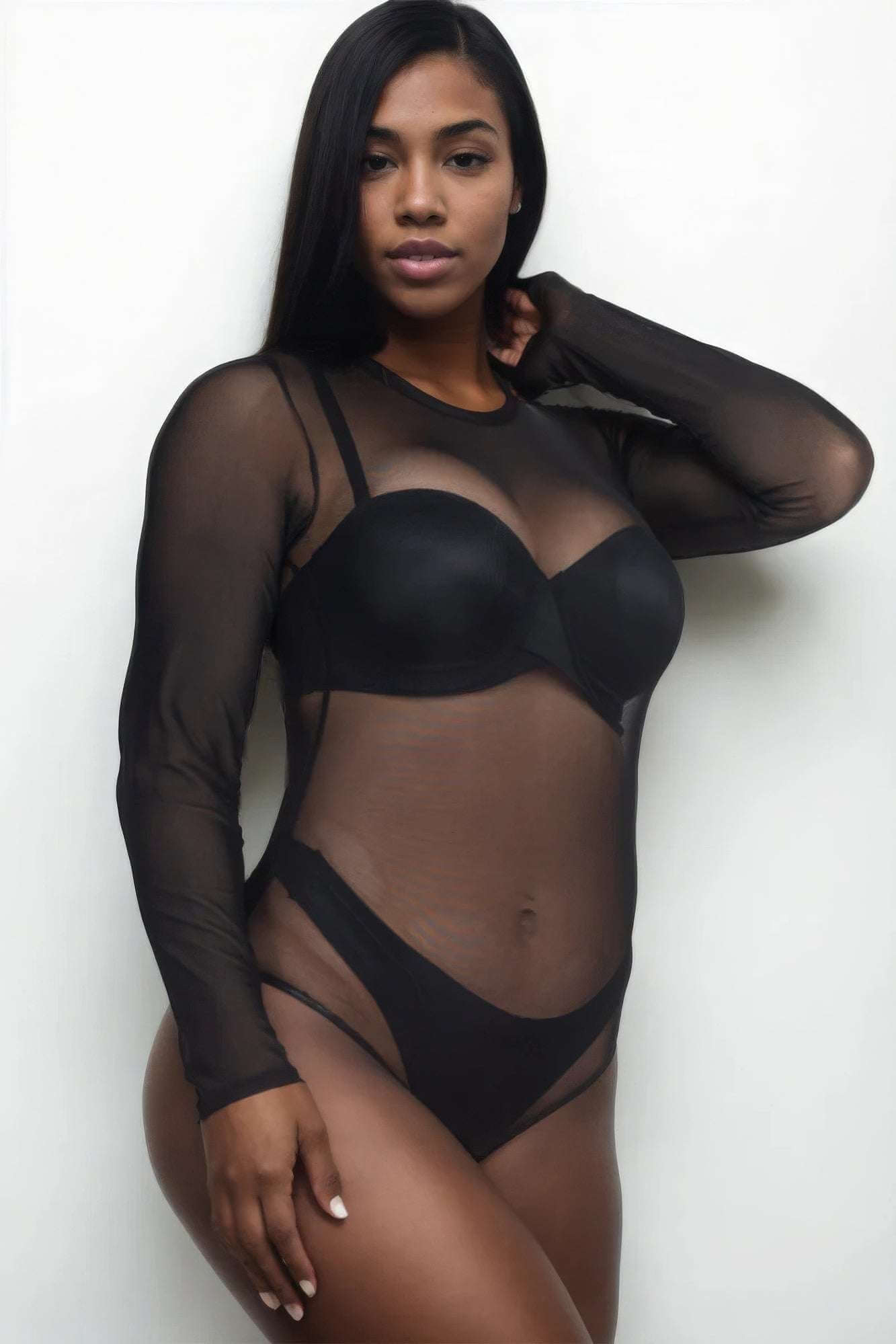 Plus Size Sexy Sheer Mesh Long Sleeve Bodysuit - The Diva Goddess