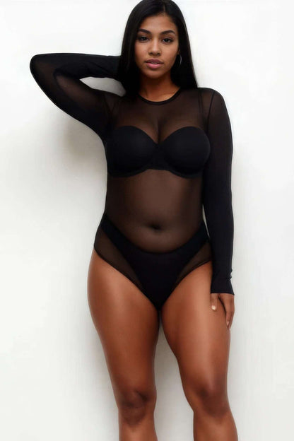 Plus Size Sexy Sheer Mesh Long Sleeve Bodysuit - The Diva Goddess