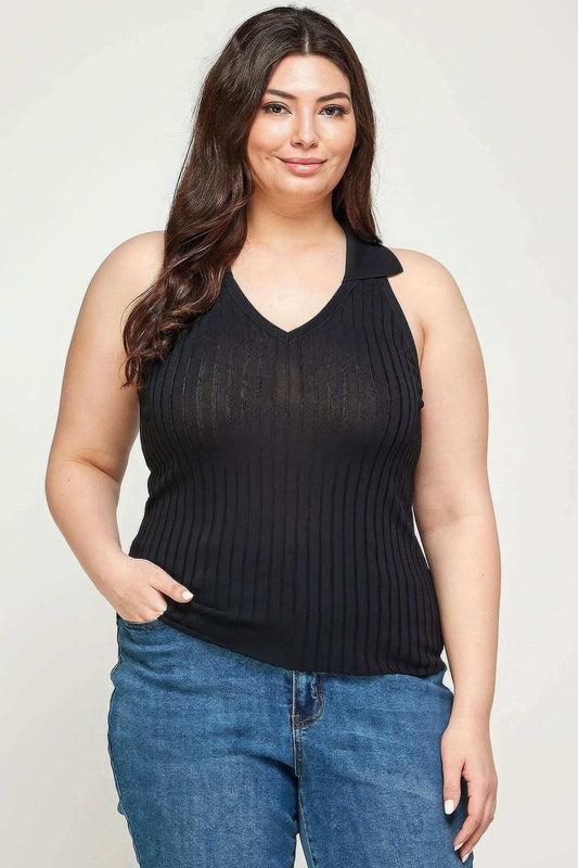 Plus Size, Solid Ribbed Knit Polo Sleeveless Top - The Diva Goddess