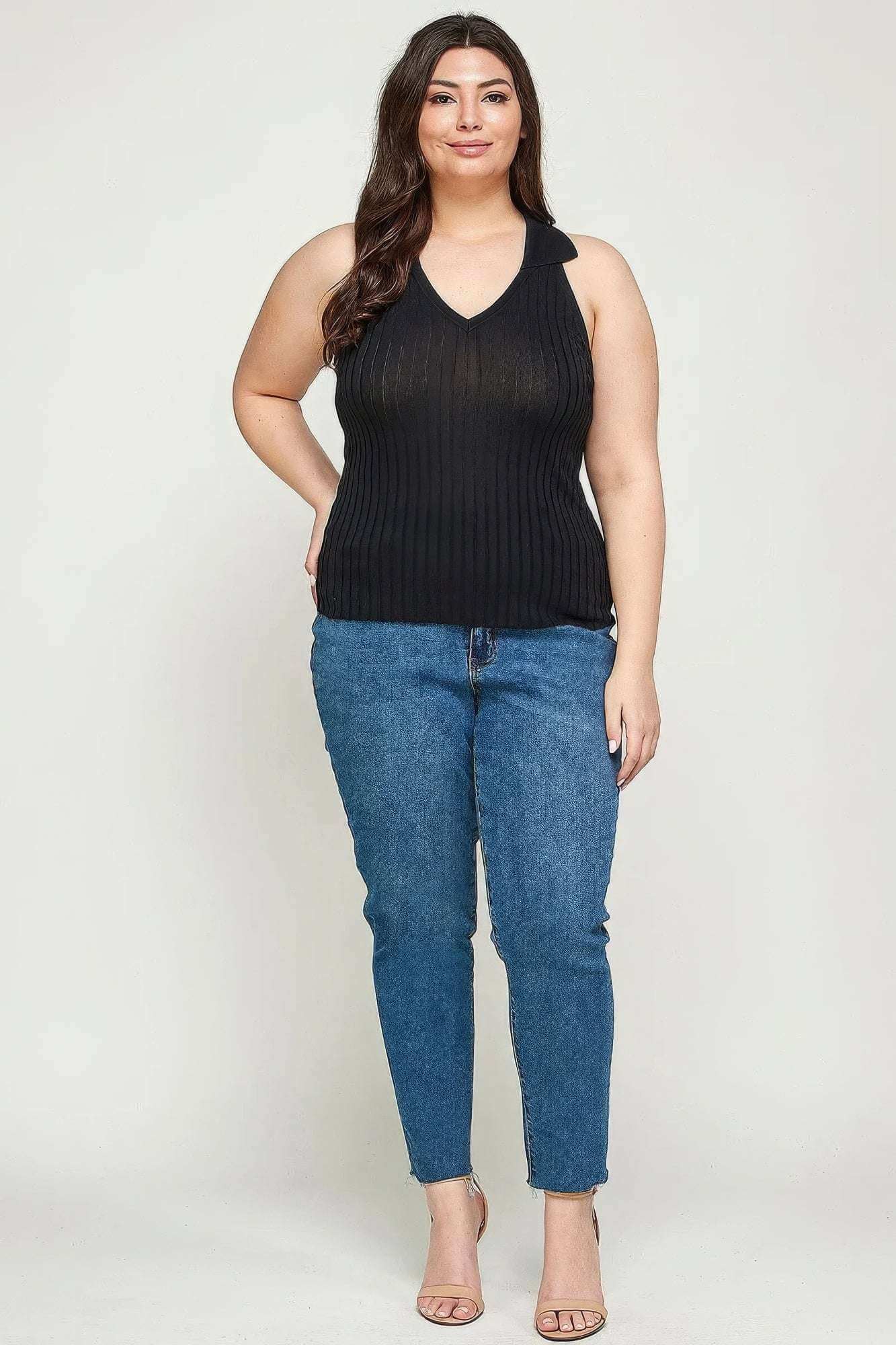 Plus Size, Solid Ribbed Knit Polo Sleeveless Top - The Diva Goddess