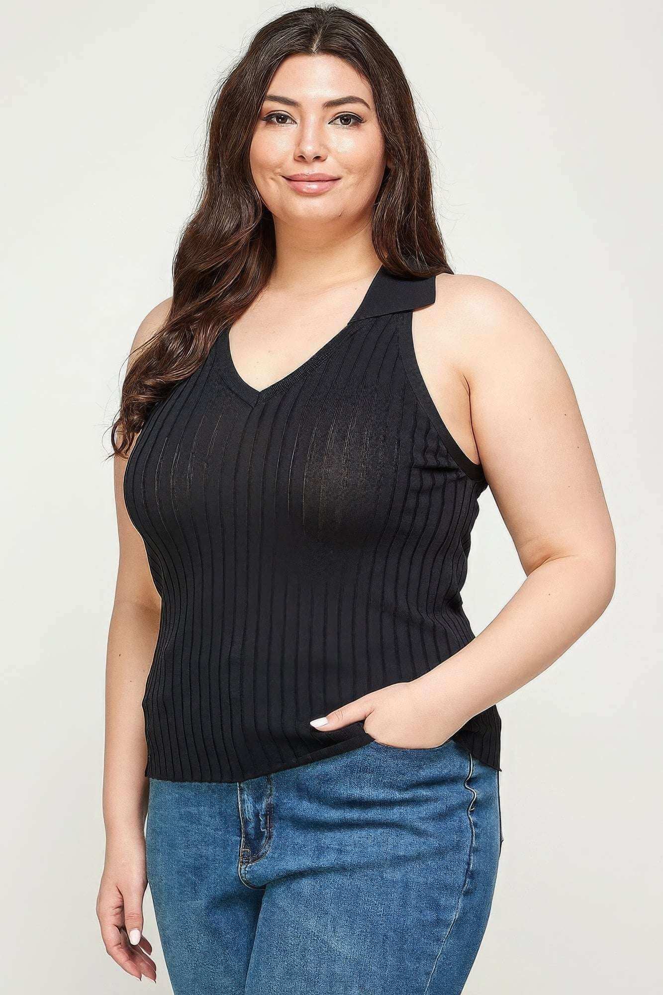 Plus Size, Solid Ribbed Knit Polo Sleeveless Top - The Diva Goddess