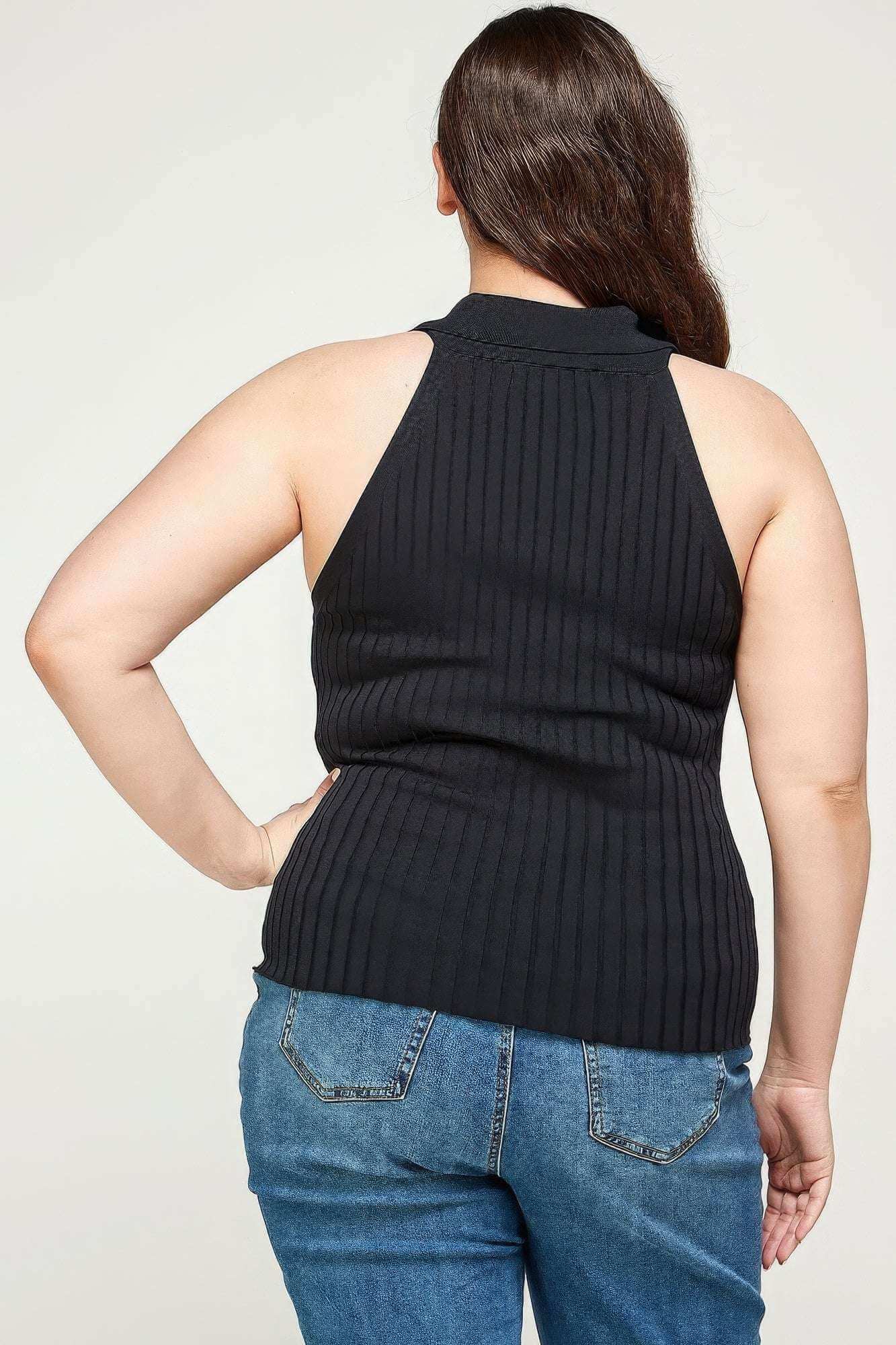 Plus Size, Solid Ribbed Knit Polo Sleeveless Top - The Diva Goddess