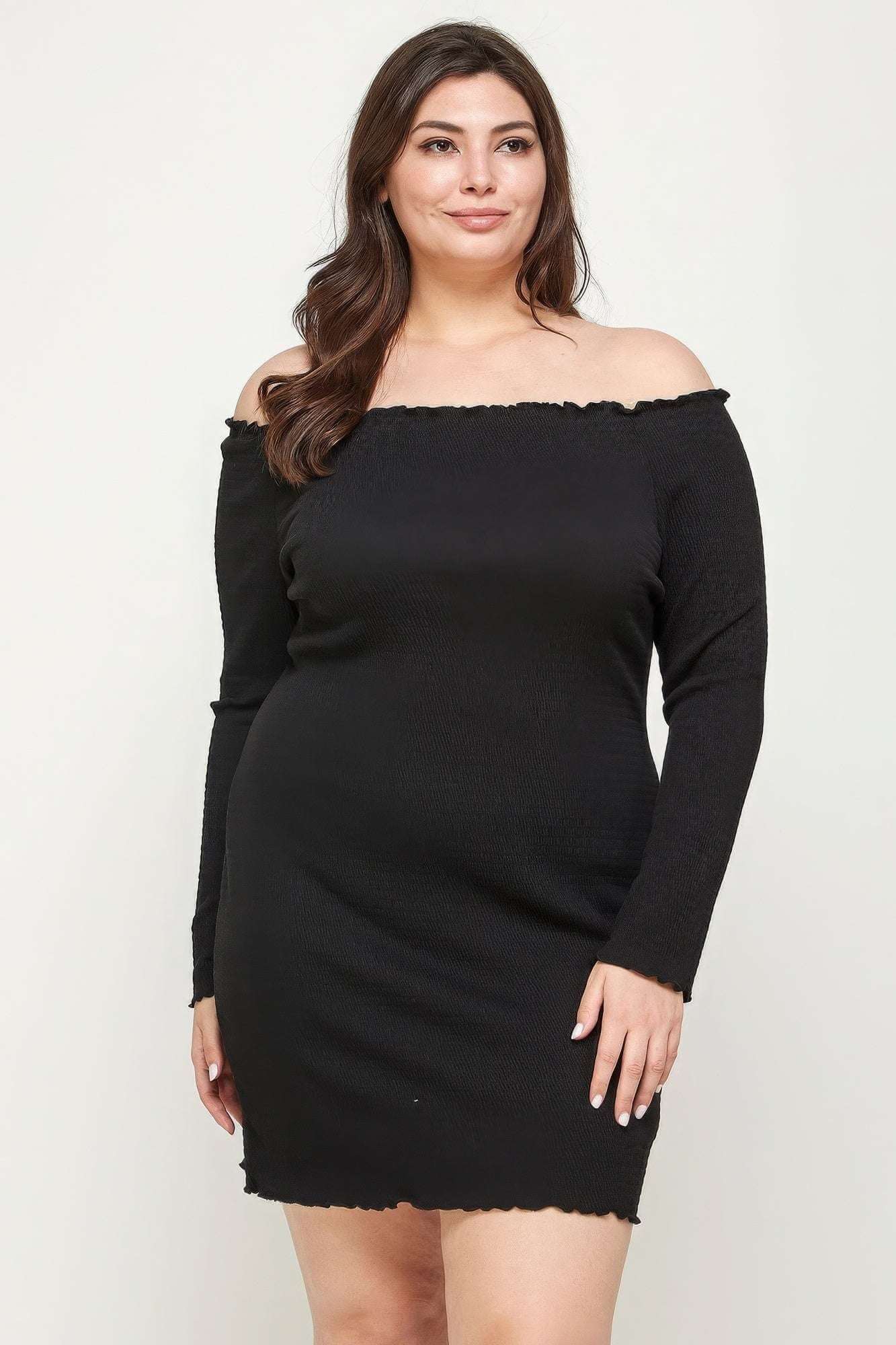 Plus Size, Solid Smocked Off Shoulder Dress - The Diva Goddess