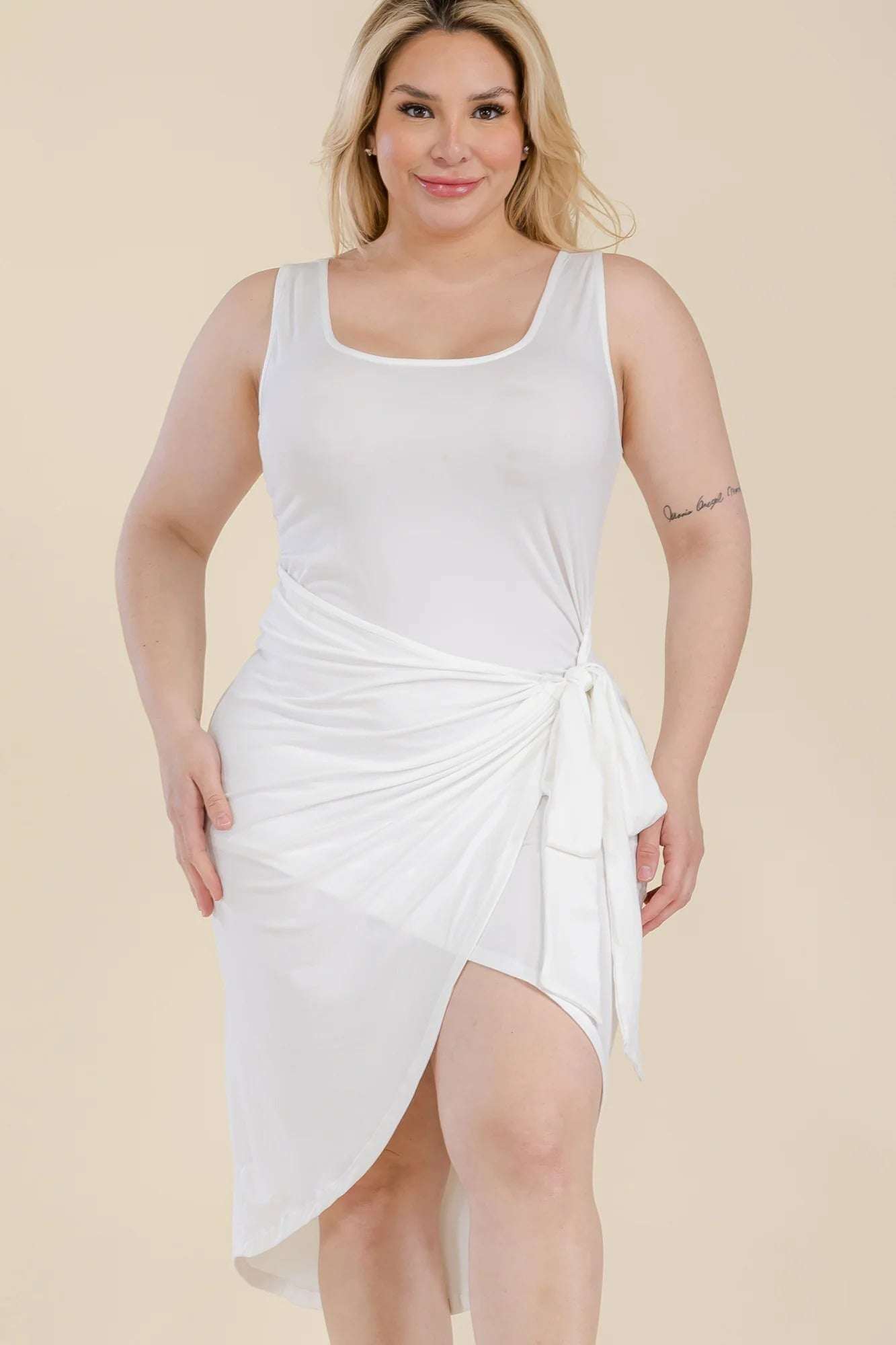 Plus Size Solid Wrap Front Tie Side Midi Dress - The Diva Goddess