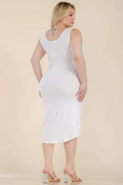 Plus Size Solid Wrap Front Tie Side Midi Dress - The Diva Goddess